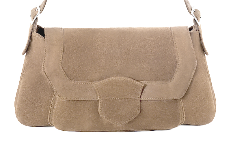 Tan beige women's dress handbag, matching pumps and belts. Profile view - Florence KOOIJMAN